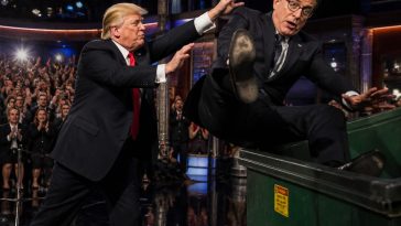 Trump Shares AI Clip Tossing Stephen Colbert in Dumpster