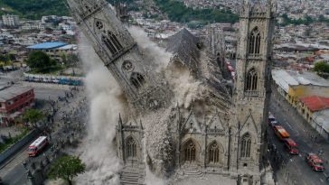 Drone Captures Cathedral Tower Crumbling in Manizales Quake